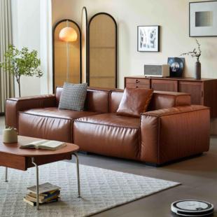 吉斯家具豆腐块复古油蜡皮沙发 客厅直排简约现代小户型头层牛皮