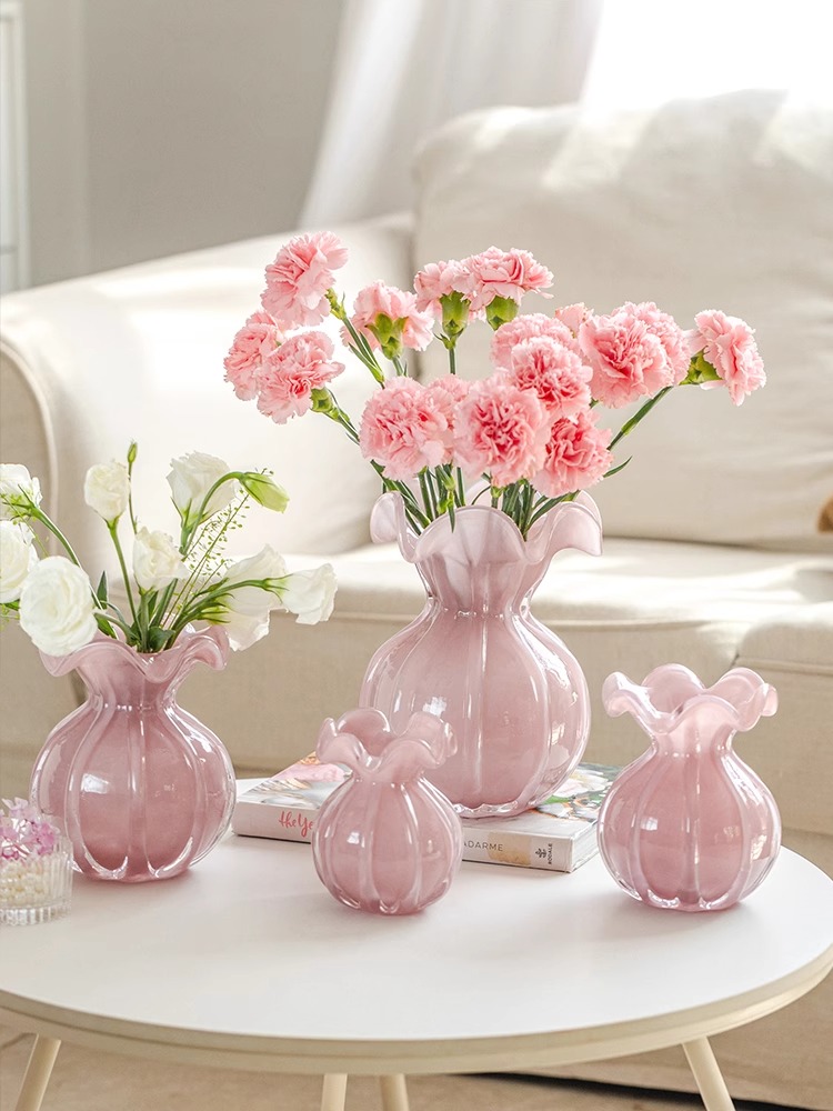 花瓶摆件客厅插花玻璃琉璃轻奢高级感粉色毛线高端餐桌法式水晶小