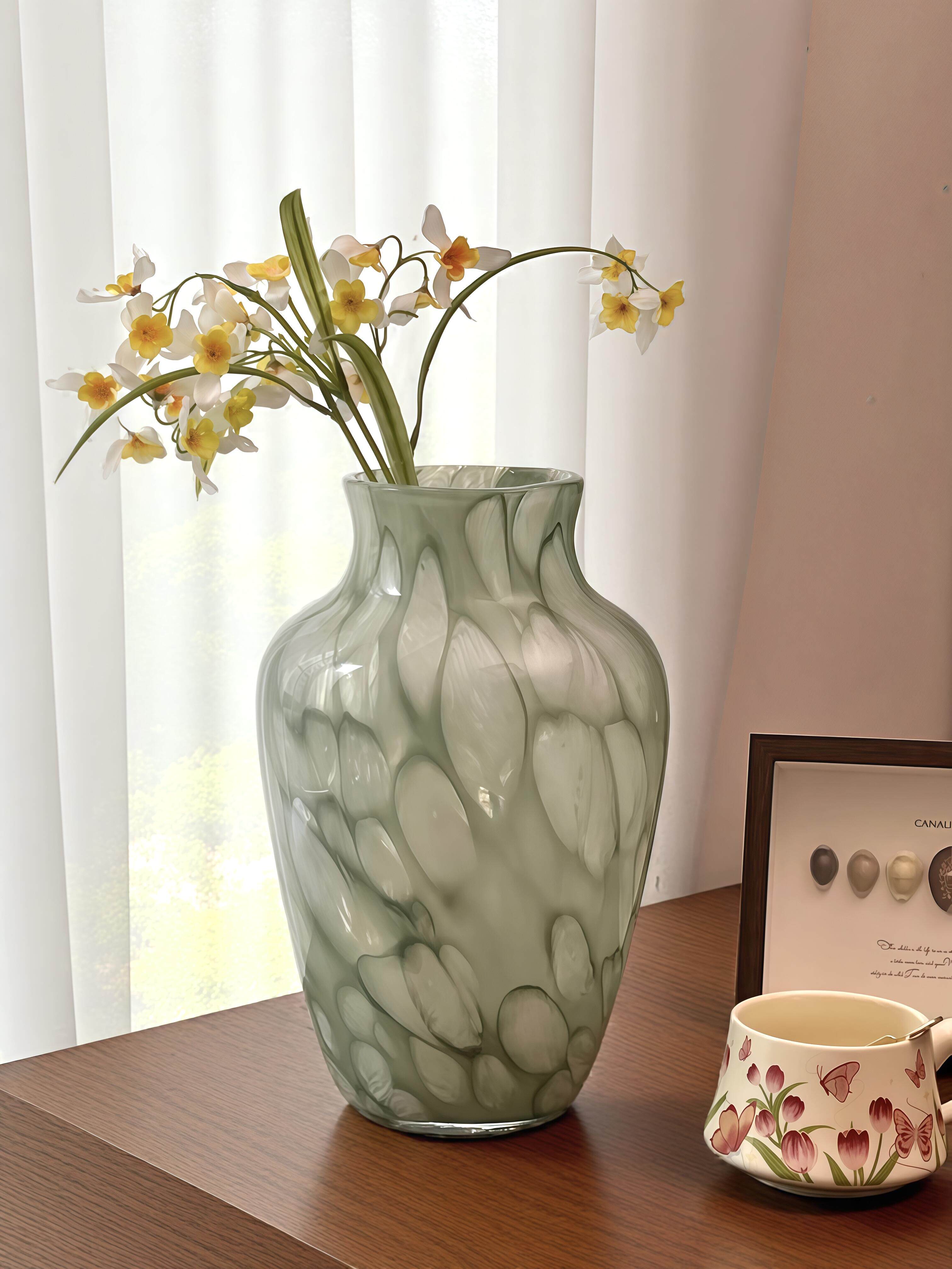 新中式百合绿色琉璃瓶高级感覆古陶瓷花瓶客厅插花装饰品玄关摆件