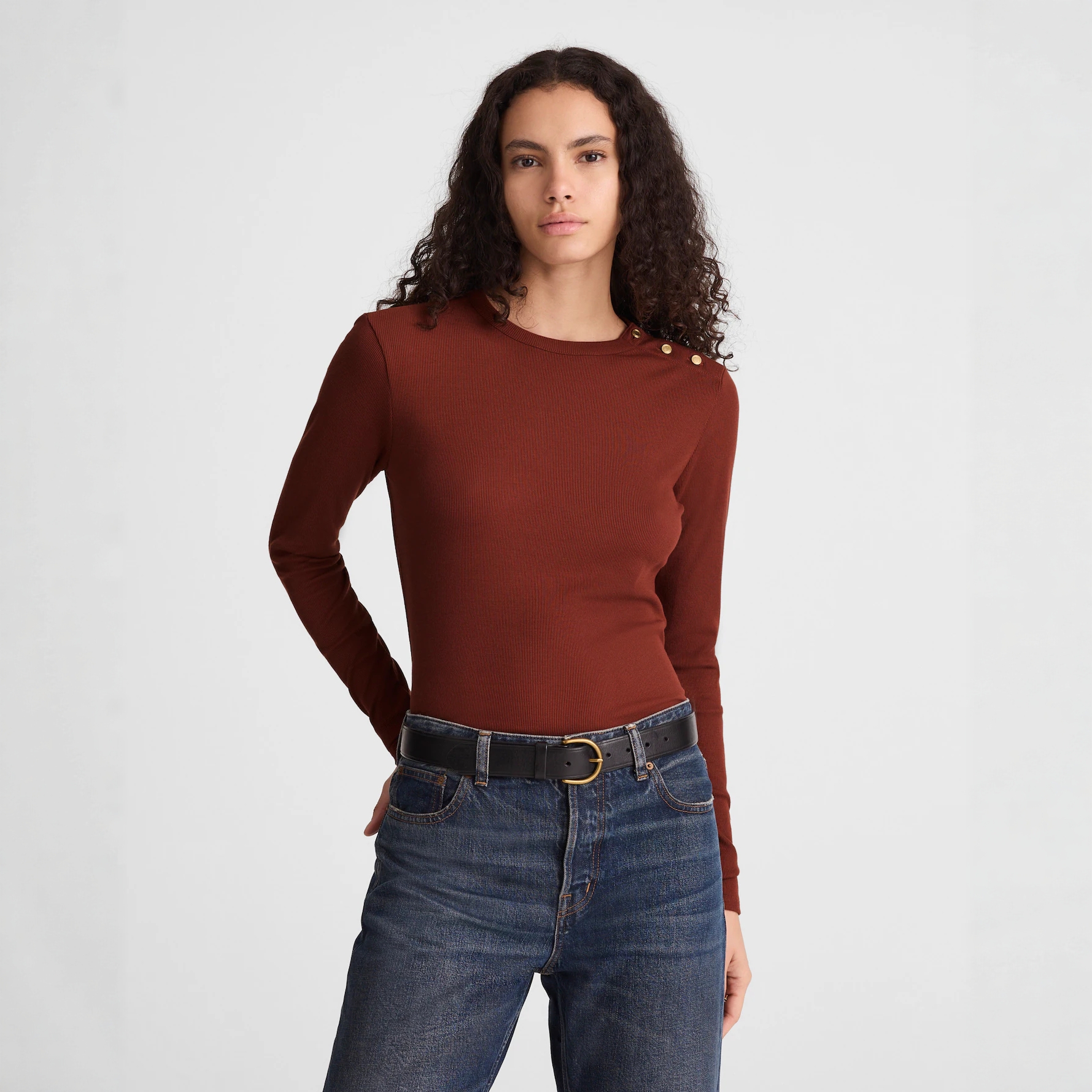 HUINBB圆领长袖针织衫女秋冬通勤修身螺纹打底衫棕色上衣