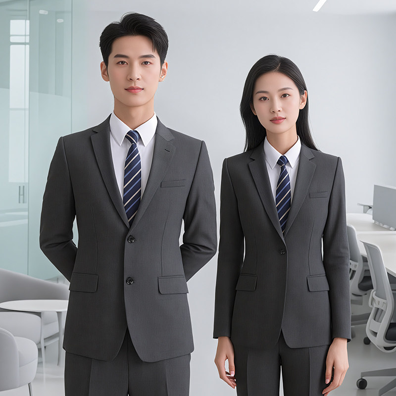 灰色西装工作服男女商务气质职业正装地产物业酒店西服套装4S工装