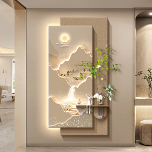 日照金山立体玄关装饰画入户正对门挂画造景奶油风客厅过道壁画灯