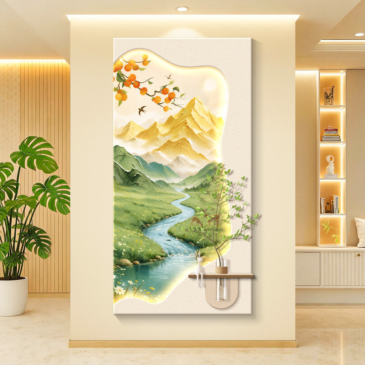 奶油风led灯入户玄关装饰画走廊过道挂画壁画现代高级感立体砂岩