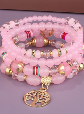 波西米亚风热销创意玻璃珠串珠分层手链生命树多层水晶手链