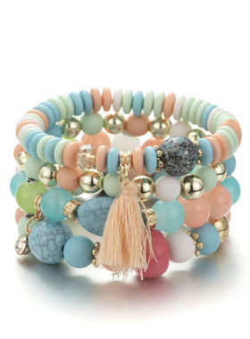波西米亚新款女士小众小清新彩珠流苏多层手链珠串弹力分层手链