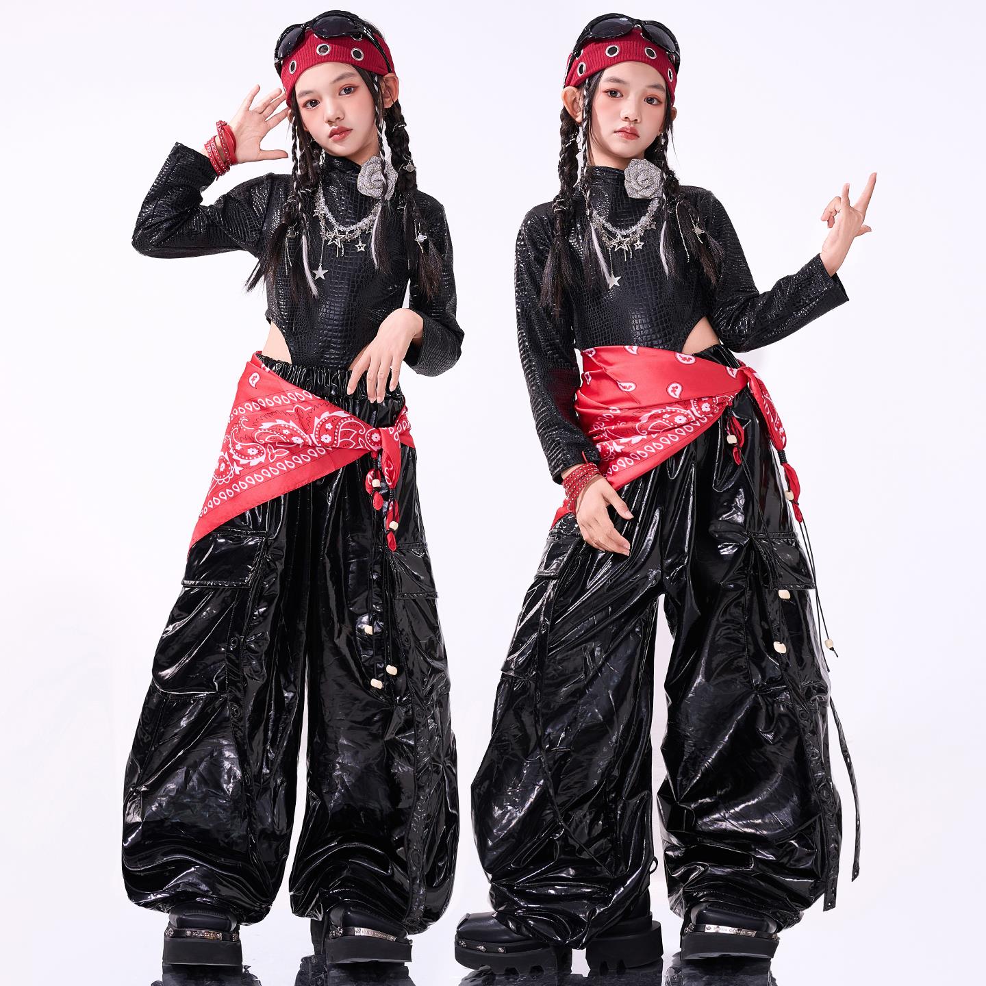 赛博朋克风女童爵士舞演出服潮酷街舞皮套装JAZZ甜酷女孩表演服装