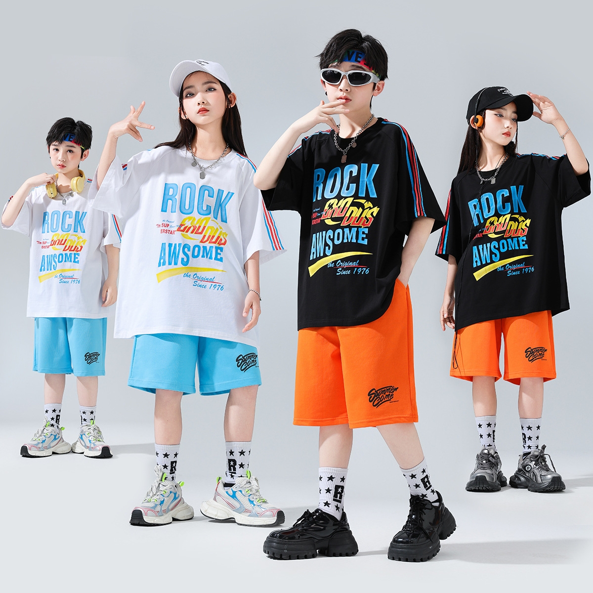 儿童嘻哈街舞bboy夏季少儿架子鼓表演服女童爵士舞jazz演出服班服