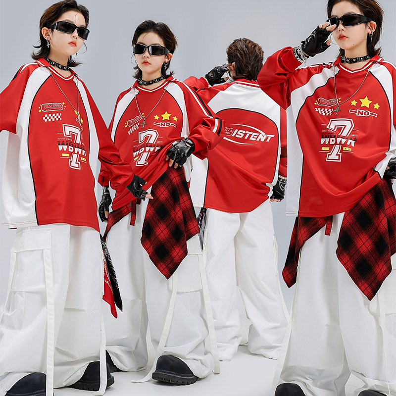 儿童街舞潮服男女童洋气红色上衣嘻哈hiphop架子鼓元旦舞蹈演出服