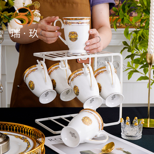 创意家用骨瓷皇室马克杯6个带架大容量描金水杯咖啡杯早餐杯套装