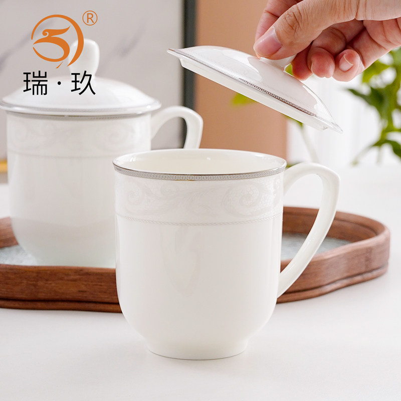 典雅骨瓷会议杯水杯干部杯印字办公室水杯陶瓷带盖茶杯介杯可定制