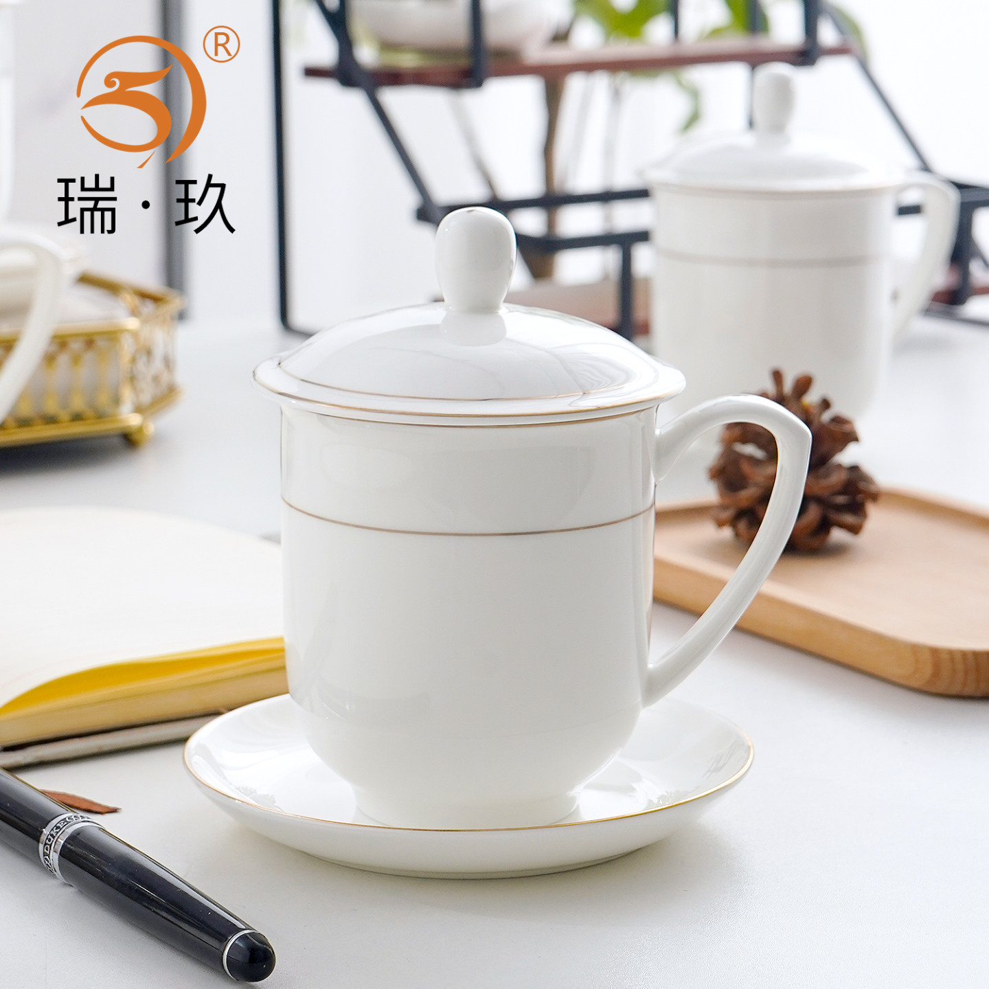 4个骨瓷办公杯家用带盖水杯茶杯商务会议杯茶杯描金大气杯可定制