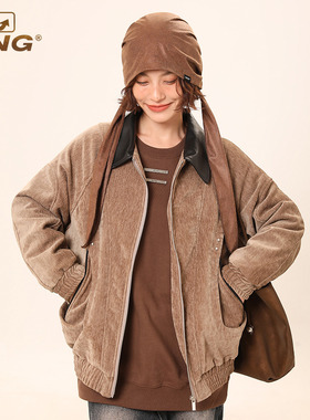 IIING 设计感翻领夹克新款PU皮宽松美式复古外套男女冬季保暖上衣