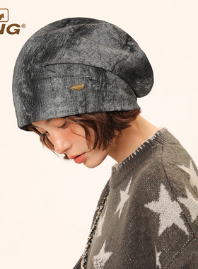 IIING 韩系小众黑色晕染堆堆帽女秋冬复古潮酷套头帽子宽松包头帽