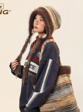 IIING 针织包头帽女2025秋冬新款氛围感显脸小毛绒流苏辫子套头帽