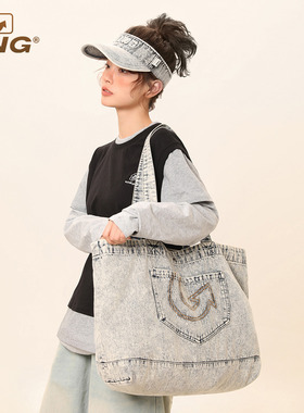 IIING 2025新款复古时尚休闲软顶牛仔包百搭简约大容量单肩托特包