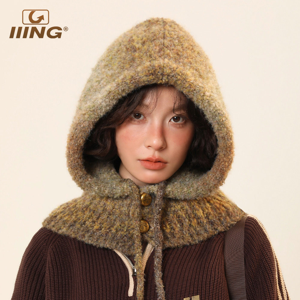 IIING 巴拉克拉法帽女秋冬保暖针织帽子围巾一体显脸小扎染雷锋帽
