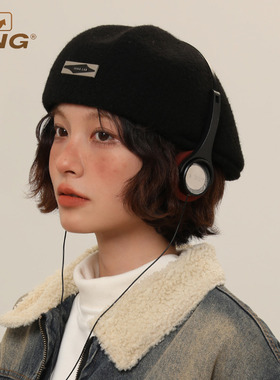 IIING帽控 黑色贝雷帽子女2025新款秋冬季立体大头围画家帽前进帽