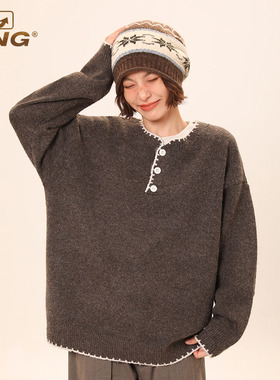 IIING 设计感毛衣男女秋冬季内搭上衣宽松老钱风纯色手缝线针织衫