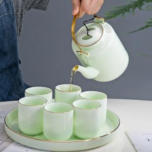 家用大容量青瓷提梁壶茶杯茶盘泡茶壶中式 景德镇陶瓷功夫茶具套装