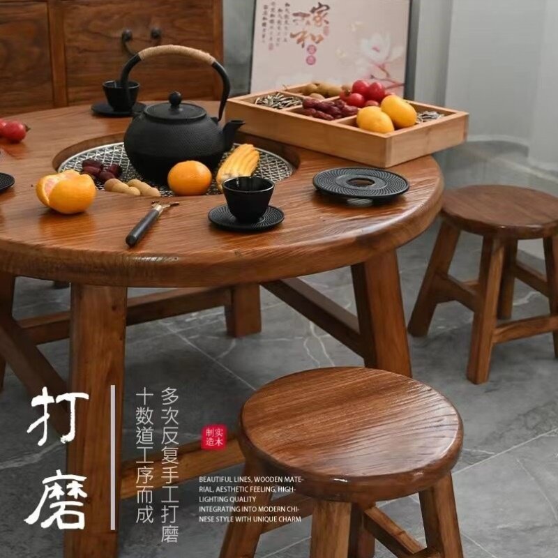 老榆木高档围炉茶冰茶桌全套中式实木茶桌圆形煮茶火锅桌阳台家用