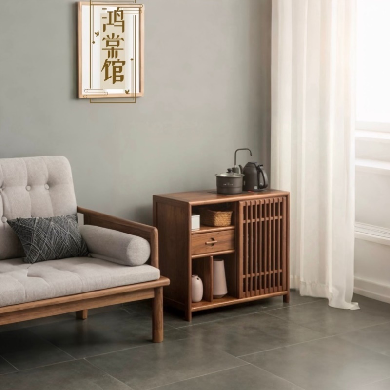 新中式茶水柜实木茶桌家用客厅阳台茶室带轮办公室饮水榆木茶台柜