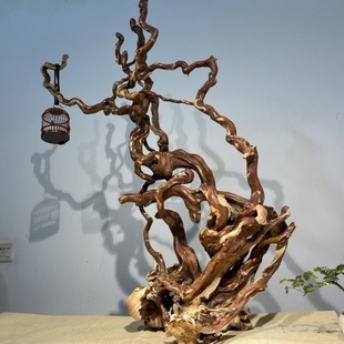 杜鹃根风化枯木根雕摆件鸟站架家居客厅笔架灯架摆件中式禅意灯摆