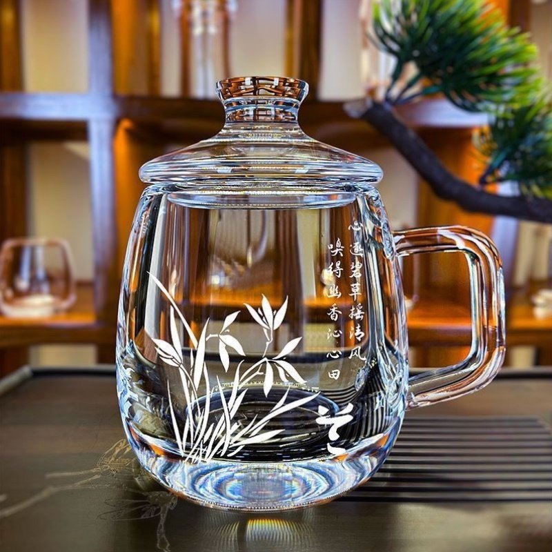 梅兰竹菊天然水晶茶杯原矿石带把家用水晶玻璃杯高级轻奢带盖加厚