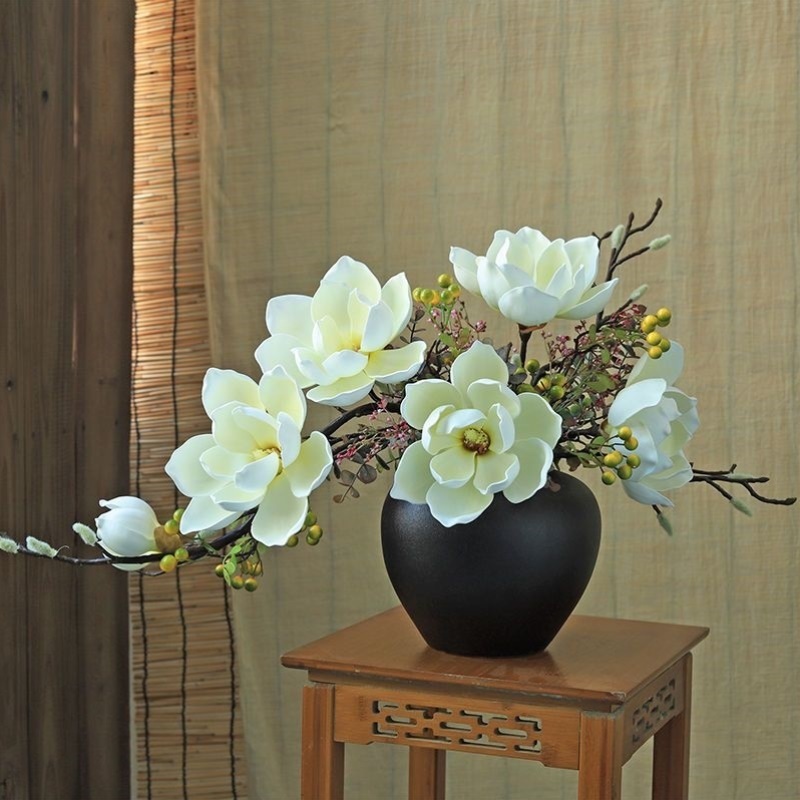 中式仿真莲花玉兰花套装高档酒店大堂室内玄关茶几餐厅假花装饰品