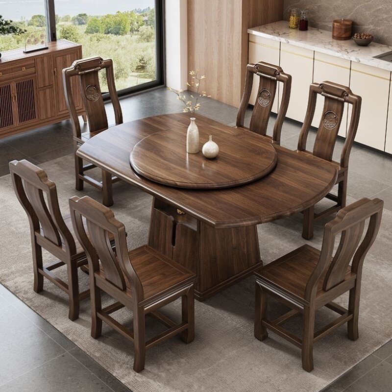 北美黑胡桃木餐桌椅组合小户型家用吃饭桌子可储物可伸缩折叠餐桌