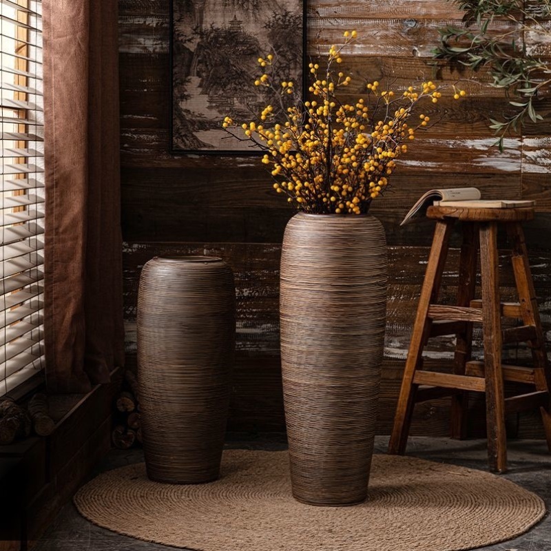 景德镇落地大花瓶新中式咖啡色原色棕色竖纹客厅庭院别墅酒店摆件