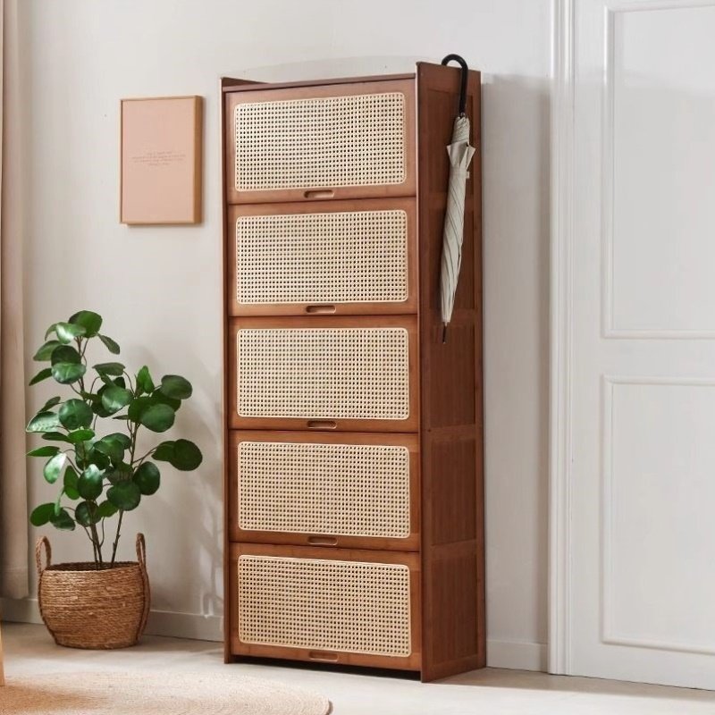 鞋柜家用门口入户玄关柜藤编鞋架子阳台楠竹实木省空间防尘储物柜