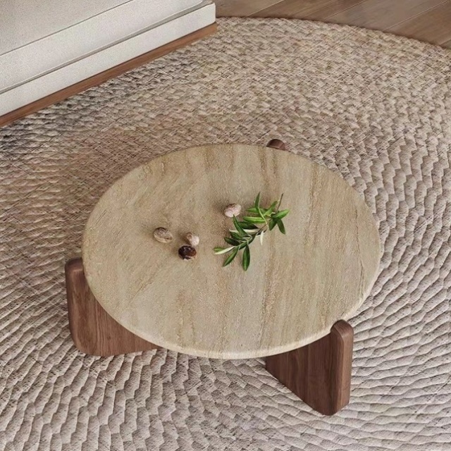 侘寂风实木洞石茶几极简小茶台小户型客厅家用圆形阳台大理石矮桌