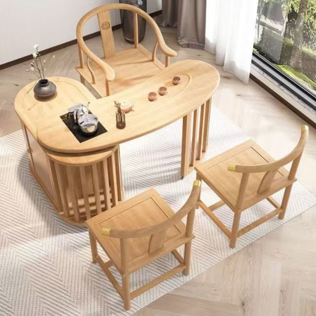 原木色阳台茶桌椅组合客厅家用移动茶台新中式小型多功能旋转茶几