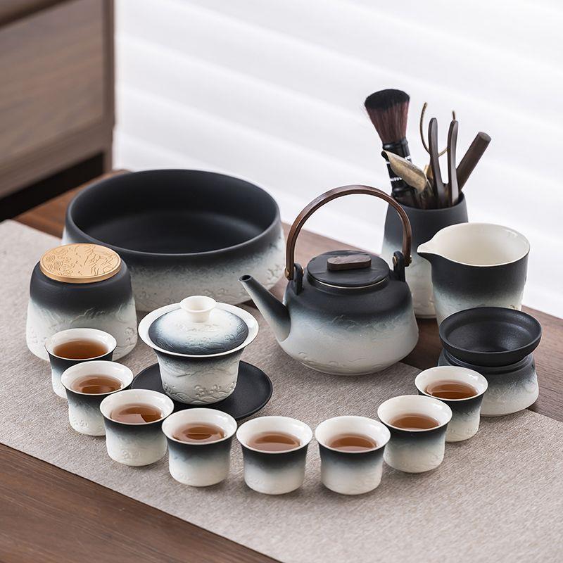 浮雕高档轻奢粗陶功夫茶具套装会客喝茶家用茶壶茶杯全套一整套