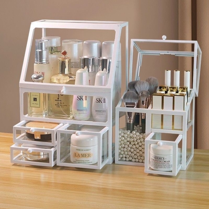 桌面玻璃化妆品透明护肤品防尘大容量收纳盒口红面膜置物架梳妆台