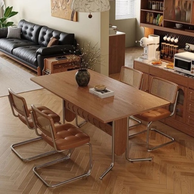 现代简约独家定制岩板餐桌长方形实木调至奶油色可收纳椅凳法式复