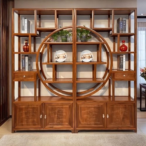 博古架实木新中式多宝阁书柜置物茶室办公隔断玄关榆木茶叶展示架