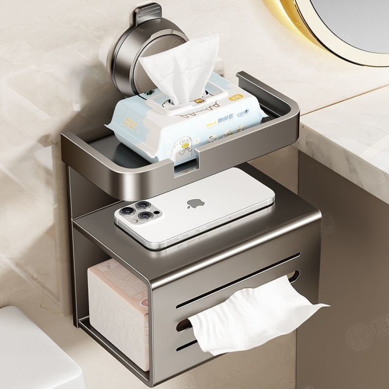 壁挂式吸盘卫生间纸巾盒三层免打孔防水防潮浴室卷纸抽纸两用架子