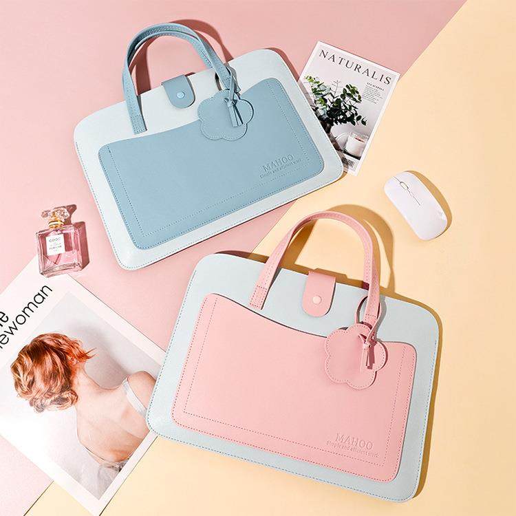 手提电脑包笔记本15.6女13.3寸14寸平板保护套可爱拼色清新pu皮包