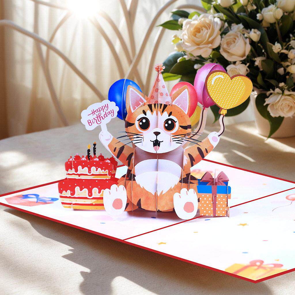 猫咪生日卡片创意3D立体贺卡剪纸儿童生日邀请卡祝福节日礼物卡片