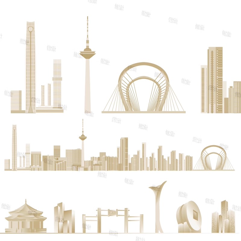 沈阳辽宁景点建筑手绘剪影插画旅游地平天际线描稿地标志设计素材