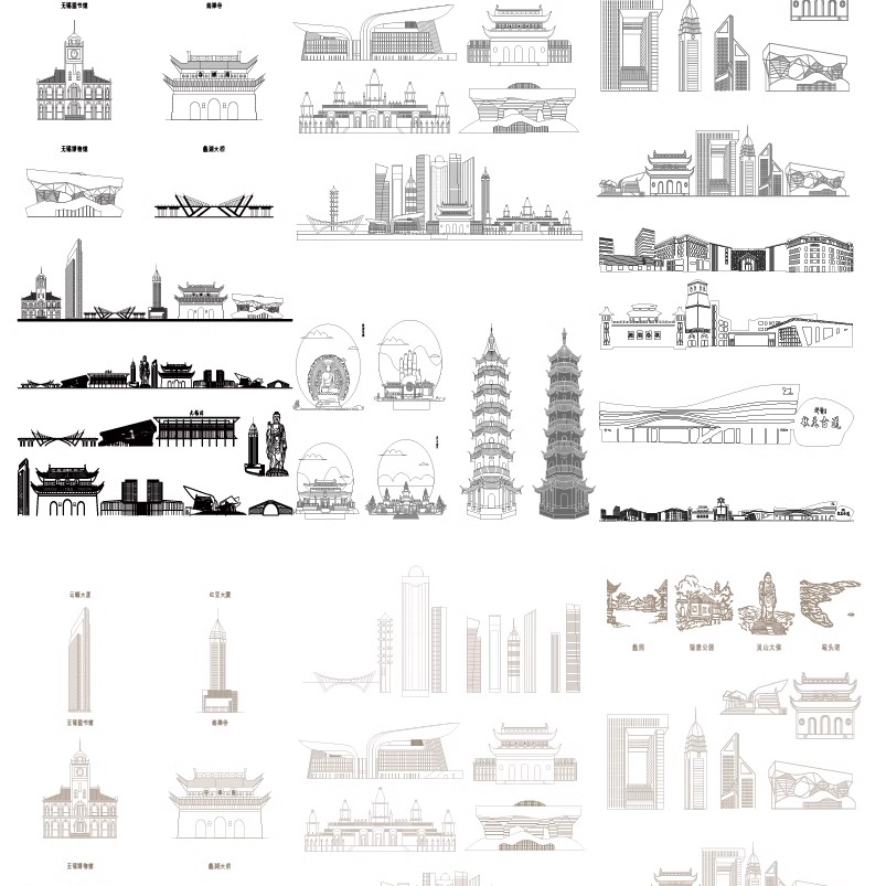 无锡江苏建筑城市地标天际线条描稿景点插画剪影旅游手绘设计素材
