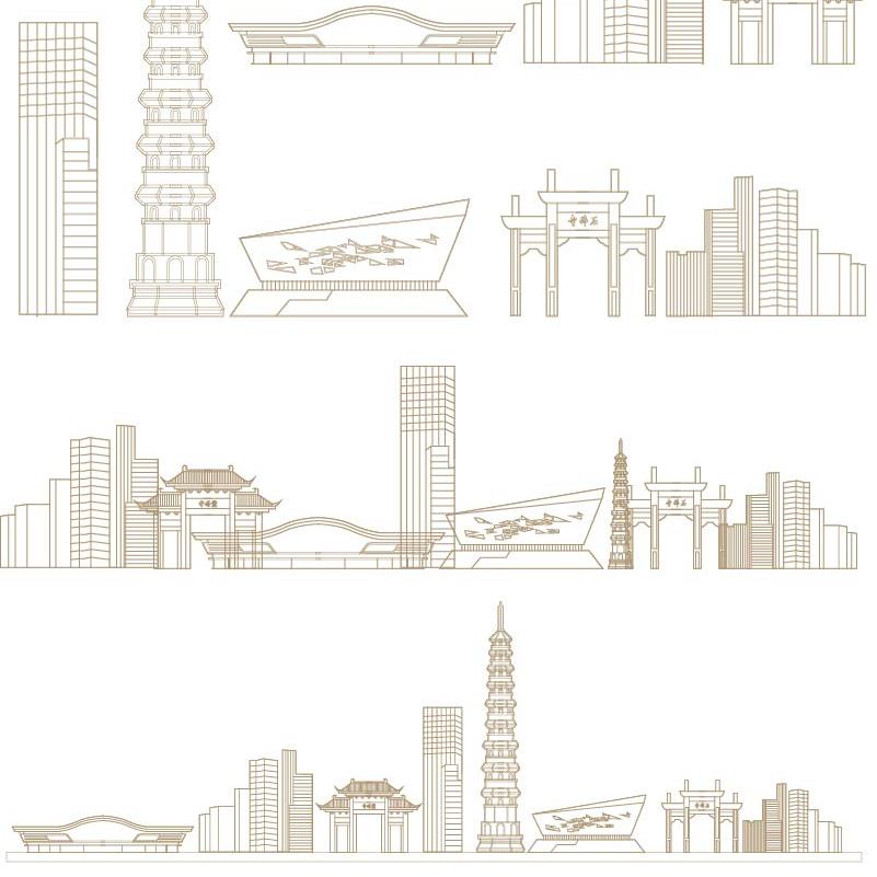 浙江吉安城市剪影旅游建筑地标天际线条稿线描插画景点设计素材