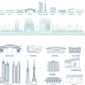 泰州江苏地标志建筑地平天际线描稿插画旅游剪影设计手绘景点素材