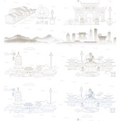 镇江江苏地标志手绘建筑地平天际线描稿插画剪影旅游设计景点素材