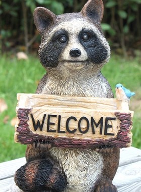 欧美订单 摆件饰品家居别墅庭院花园装饰憨憨浣熊欢迎牌钥匙盘