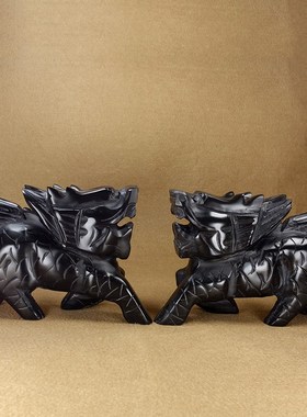 天然黑玉麒麟摆件黑墨玉原石雕刻麒麟玉石玉雕家居办公工艺品摆设