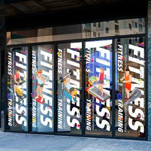 健身房创意贴膜落地玻璃装 饰布置GYM俱乐部FITNESS插画广告静电贴