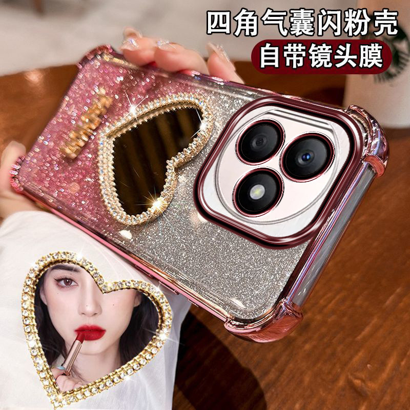 华为荣耀X50i+手机壳LLY一AN00镜头全包honor差50i十爱心镶钻补妆镜面女5G四角防摔气囊高颜值闪粉小众手链软