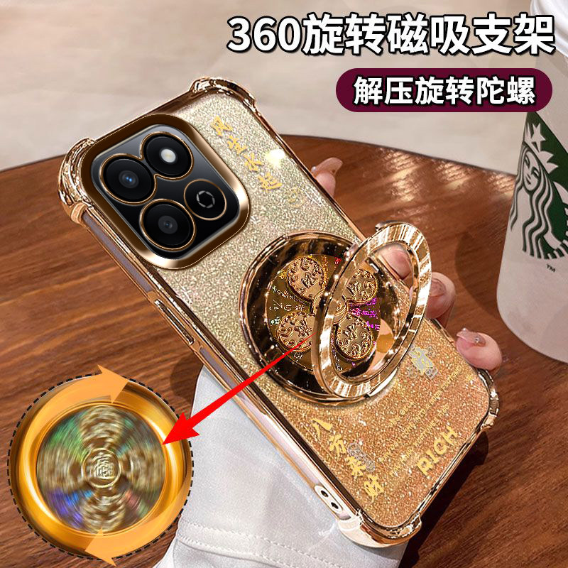 适用华为荣耀畅玩60Plus手机壳金色自带镜头膜ALT-AN00高档硅胶男女honor全包防摔四角气囊ALTAN风生水起支架